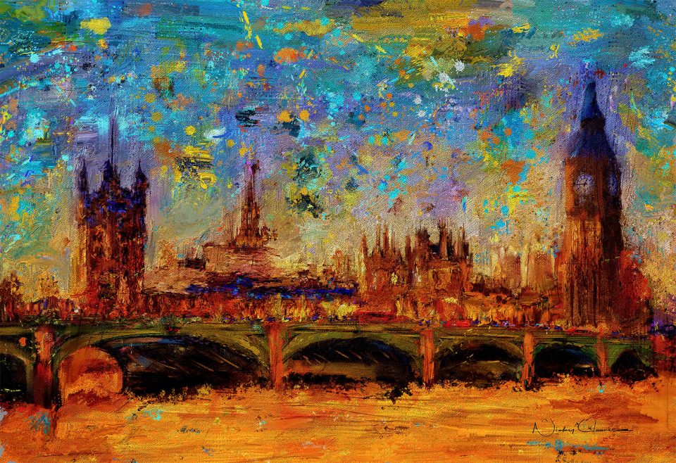 Westminster Bridge and Houses of Parliament Oil on Canvas and Miixed media